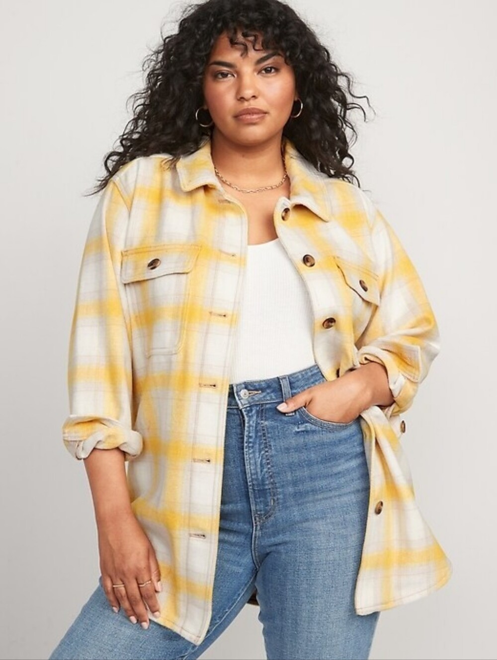 Old Navy Yellow Plaid Soft-Brushed Shirt Jacket Shacket Medium Like New